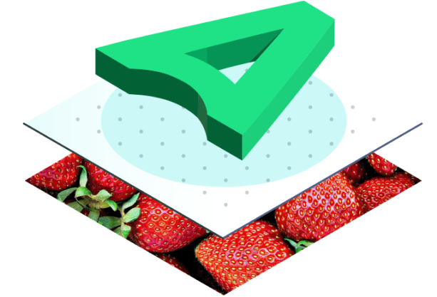 Diagram with three layers. Strawberries on the bottom, dotted plane in the middle, and FreshAhead’s logo at the top. Represents digital software software as the layer connecting crops to future possibilities.