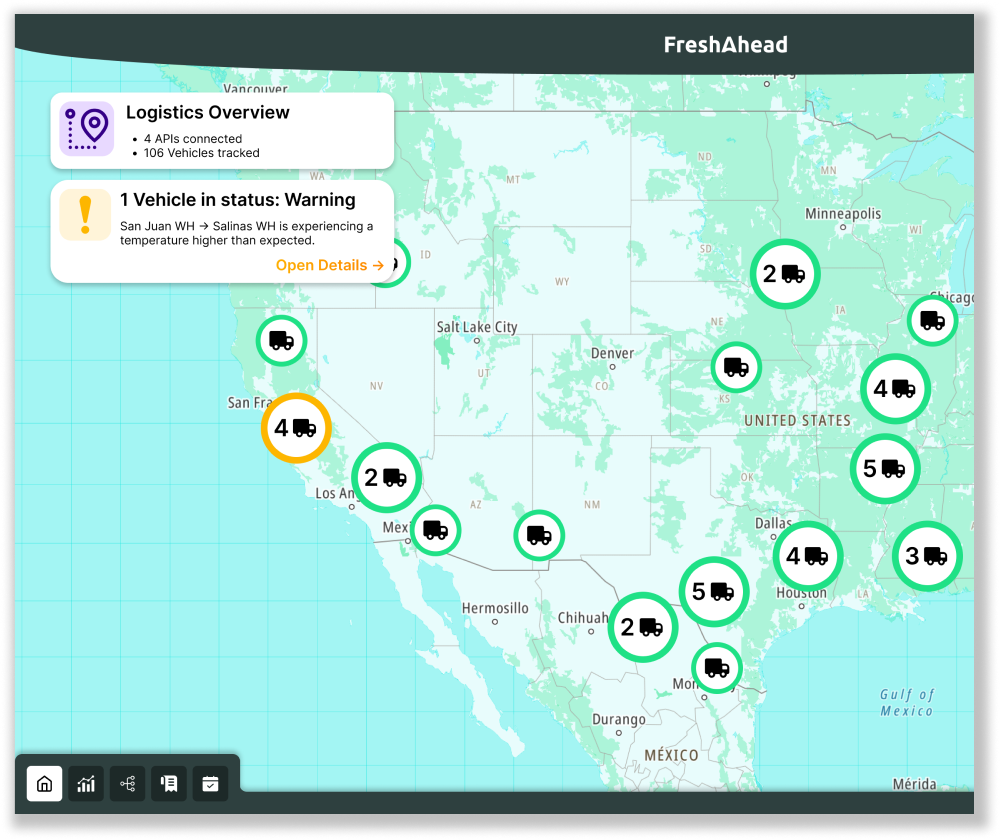 Screenshot of FreshAhead’s logistics tracking software. Map of US with truck icons placed at various geographic locations.