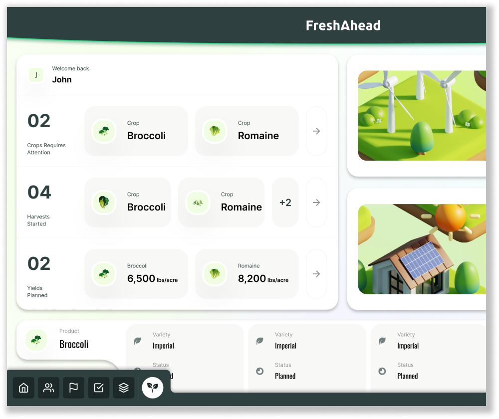 Screenshot of FreshAhead’s crop management software. Shows metrics associated with crop health and growing conditions.